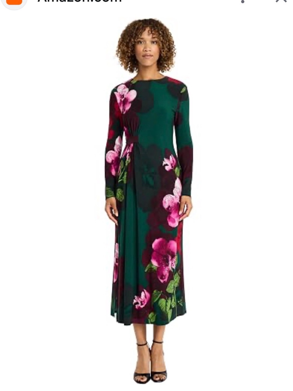 Maggie London Long Sleeve Floral Midi Dress in Emerald Green and Pink